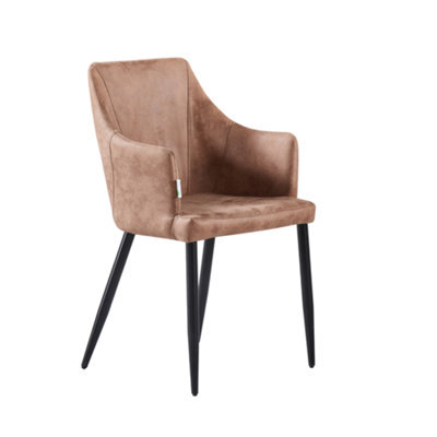 Life Interiors Single Cappuccino Zarah Modern Faux Leather Dining Chair With Armrests And Black Metal Legs, Comfortable Accent Chair