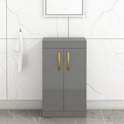 Royal Bathrooms Turin 500mm Indigo Grey Gloss Floor Standing Worktop Vanity Unit - 2 Doors With Brushed Brass Handle - image 1