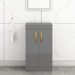 Royal Bathrooms Turin 500mm Indigo Grey Gloss Floor Standing Worktop Vanity Unit - 2 Doors With Brushed Brass Handle - thumbnail 1