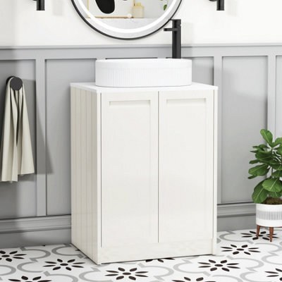 Royal Bathrooms Royal Bathroom Elmore 600mm Classic White Freestanding Bathroom Vanity Unit 2 Door Plain White Worktop With Lyon Basin - image 1