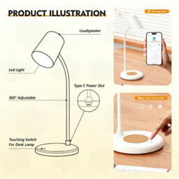Amorly Led Desk Lamp With Bluetooth Speaker, 3 Color Light Dimmable Bedside Reading Lamp, 12 Led Table Light For Office & Bedroom, White - thumbnail 8