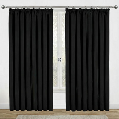 Aspire Homeware Black Plain Blackout Curtains Room Darkening Pencil Pleat Curtain Pair (W) 228Cm X (D)183Cm With Tie Back Pair - image 1