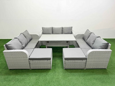 Fimous Pe Rattan Lounge Sofa Set 11 Seater Outdoor Garden Furniture Set Rectangular Dining Table 3 Seater Sofa 2 Big Footstools - image 1