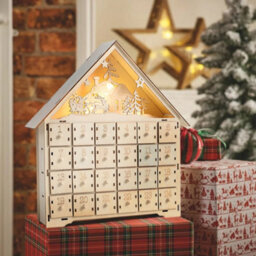 Living And Home Diy 24 Drawers Pre Lit Wooden Christmas House Advent Calendar Xmas Tabletop Decor With Led Lights - thumbnail 1