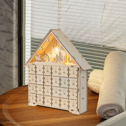 Living And Home Diy 24 Drawers Pre Lit Wooden Christmas House Advent Calendar Xmas Tabletop Decor With Led Lights - thumbnail 3