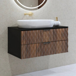 Arte Enzo Floating Vanity Unit 81Cm Black & Oak Catania, Wall-Mounted Bathroom Storage With 2 Drawers & Black Metal Handles - thumbnail 2