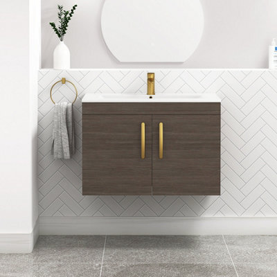 Royal Bathrooms Turin Grey Elm 800mm Wall Hung Vanity Unit 2 Door With Minimalist Basin Sink & Brushed Brass Handles - image 1