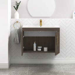 Royal Bathrooms Turin Grey Elm 800mm Wall Hung Vanity Unit 2 Door With Minimalist Basin Sink & Brushed Brass Handles - thumbnail 5