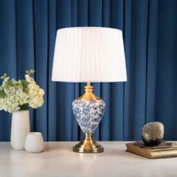 Lighting Supermarket Hepburn Large Ceramic Table Lamp Ivory Pleat Shade White Blue Antique Brass 58Cm