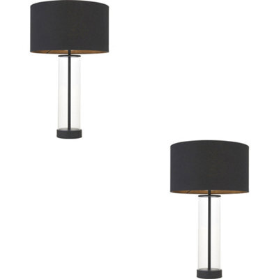 Loops 2 Pack Matt Black & Clear Glass Dimmable Table Lamp - Black Cotton Fabric Shade - 570mm Tall Light - 10W Led E27 - image 1
