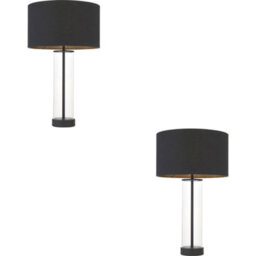 Loops 2 Pack Matt Black & Clear Glass Dimmable Table Lamp - Black Cotton Fabric Shade - 570mm Tall Light - 10W Led E27