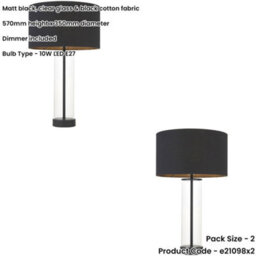 Loops 2 Pack Matt Black & Clear Glass Dimmable Table Lamp - Black Cotton Fabric Shade - 570mm Tall Light - 10W Led E27 - thumbnail 2