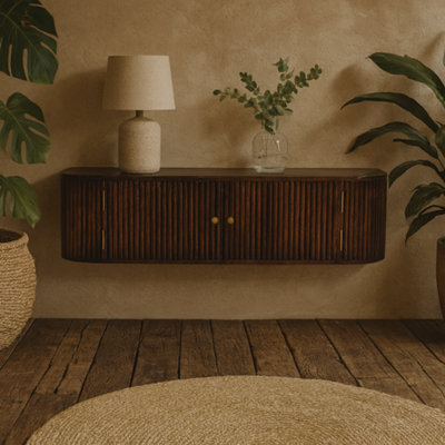 Wyld Haus Positano Chestnut Mango Wood Wall-Mounted Console Table With Slatted Front And Brass Knobs - image 1