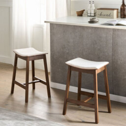 Wyld And Coco Everluxe Set Of 2 Backless Bar Chairs Dark Brown Rubberwood With Off-White Upholstered Seats - thumbnail 2
