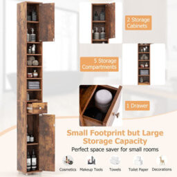Costway 180 Cm Bathroom Tall Slim Cabinet Freestanding Storage Cabinet W/ Drawer-Brown - thumbnail 7