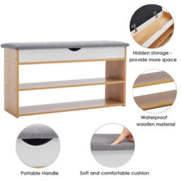 Living And Home 3-Tier Oak And Grey Shoe Storage Bench With Padded Seat 78Cm W X 24Cm D X 43Cm H - thumbnail 6