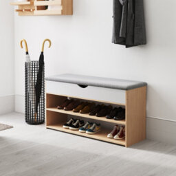 Living And Home 3-Tier Oak And Grey Shoe Storage Bench With Padded Seat 78Cm W X 24Cm D X 43Cm H - thumbnail 1