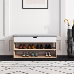 Living And Home 3-Tier Oak And Grey Shoe Storage Bench With Padded Seat 78Cm W X 24Cm D X 43Cm H - thumbnail 2