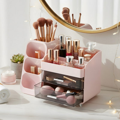 Living And Home Pink Modern Multi-Compartment Cosmetic Storage Organiser With 2 Drawers, 34.2Cm W X 17.5Cm D X 25Cm H - image 1