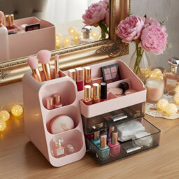 Living And Home Pink Modern Multi-Compartment Cosmetic Storage Organiser With 2 Drawers, 34.2Cm W X 17.5Cm D X 25Cm H - thumbnail 2