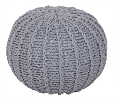 Cable Knit Round Pouffe Chunky Seat Decor Footstool Ottoman 100% Cotton Handmade Silver