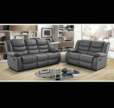 SquareBoxx Roma Recliner Leather Grey 3+2 Sofa Set, Armchair Inspired Home Theatre And Living Room Seating - image 1