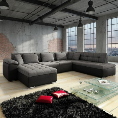 Niko Bis Fold Out U Shape Corner Sofa Chipboard Frame With Storage Bed 350X205X76 Cm Melange Grey And Black Left - image 1