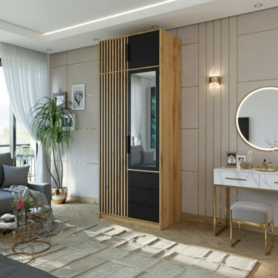 Bali Lux D2 Wardrobe With Mirror Decorative Slats Modern 2 Door Closet For Bedroom Or Hallway Black With Oak Wotan With Extension - image 1