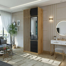 Bali Lux D2 Wardrobe With Mirror Decorative Slats Modern 2 Door Closet For Bedroom Or Hallway Black With Oak Wotan With Extension