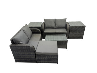 Fimous Outdoor Love Sofa Coffee Table Set Garden Rattan Furniture Set 5 Seater With 2 Side Tables Big Stool Dark Grey - image 1