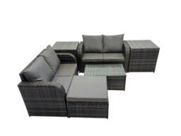 Fimous Outdoor Love Sofa Coffee Table Set Garden Rattan Furniture Set 5 Seater With 2 Side Tables Big Stool Dark Grey - thumbnail 1