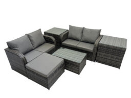 Fimous Outdoor Love Sofa Coffee Table Set Garden Rattan Furniture Set 5 Seater With 2 Side Tables Big Stool Dark Grey - thumbnail 2