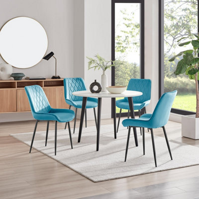 Furniturebox Uk Koko White Melamine Round Dining Table & 4 Blue Pesaro Black Leg Chairs - image 1