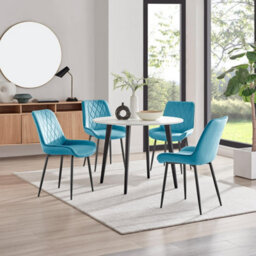 Furniturebox Uk Koko White Melamine Round Dining Table & 4 Blue Pesaro Black Leg Chairs - thumbnail 1