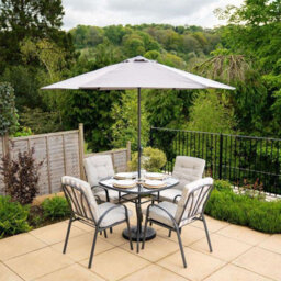 Primrose 4 Seater Garden Furniture Dining Set With Reversible Cushions And Crank Parasol In Grey - thumbnail 1