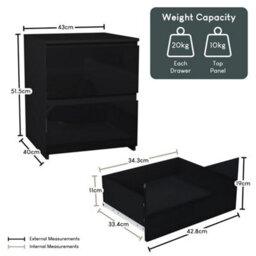 Black High Gloss 2 Drawer Chest Of Drawers Bedside Storage Bedroom - thumbnail 2