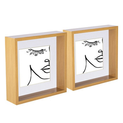 "Nicola Spring 8 X 8"" Deep Photo Frames - Light Wood/white Mount - 3D Deep Box Picture Frame Display Case (22.5 X 22.5Cm) X2" - image 1