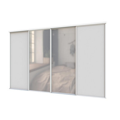 A-Class Sliding Doors Set Of 4 Light Grey & Mirror Sliding Wardrobe Door Kit, White Frame & Tracks, Opening Height (H) 225-226Cm & Width (W) 297-298Cm - image 1