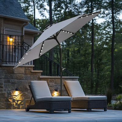 Rinse Bathrooms Grey Garden Parasol With Solar Powered Lights With Tilt And Crank Handle Outdoor Patio Umbrella Mechanism 2.5M - image 1