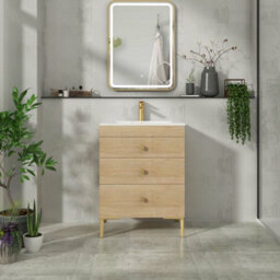 Royal Bathrooms Royal Bathroom Verona 600mm Natural Oak 3-Drawer Floor Standing Bathroom Vanity Unit With Carrara White Basin & Brushed Brass Knob - thumbnail 4