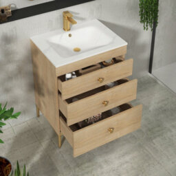 Royal Bathrooms Royal Bathroom Verona 600mm Natural Oak 3-Drawer Floor Standing Bathroom Vanity Unit With Carrara White Basin & Brushed Brass Knob - thumbnail 5