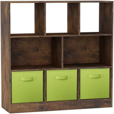 Urbn-Living Urbnliving Asymmetrical 8-Cube Rustic Brown Bookcase Storage Unit With 3 Fabric Drawer Inserts - Green - image 1
