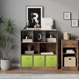 Urbn-Living Urbnliving Asymmetrical 8-Cube Rustic Brown Bookcase Storage Unit With 3 Fabric Drawer Inserts - Green - thumbnail 2