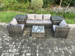 Fimous Wicker 6 Pieces Rattan Garden Furniture Sofa Set With Armchair 2 Side Tables Square Coffee Table - thumbnail 2