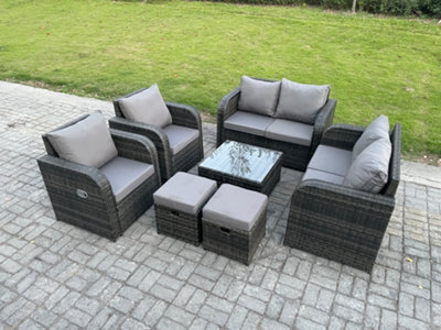 Fimous Garden Furniture Set Rattan Outdoor Lounge Sofa Chair With Tempered Glass Table 2 Small Footstools Dark Grey Mixed - image 1
