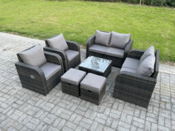 Fimous Garden Furniture Set Rattan Outdoor Lounge Sofa Chair With Tempered Glass Table 2 Small Footstools Dark Grey Mixed - thumbnail 1