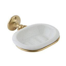 Homestylestore Wall Mounted White Ceramic Soap Dish And Brushed Brass Holder
