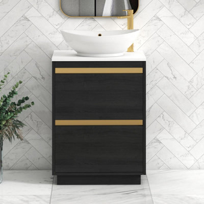 Royal Bathrooms Orion 600mm Hale Black Floor Standing Plain White Countertop Vanity Unit 2 Drawer With Amaze Basin & Brushed Brass Accent Trim - image 1