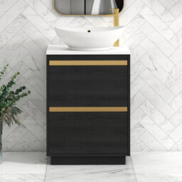 Royal Bathrooms Orion 600mm Hale Black Floor Standing Plain White Countertop Vanity Unit 2 Drawer With Amaze Basin & Brushed Brass Accent Trim - thumbnail 1