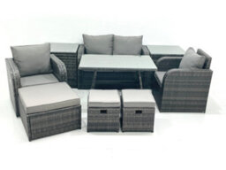 Fimous Outdoor Garden Furniture Set Rattan Sofa Dining Table Set With Reclining Chair 3 Footstool 2 Side Table Dark Grey Mixed - thumbnail 1